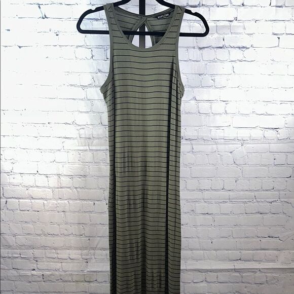 💚 Express Green & Black Striped Maxi Dress | Racerback | Side Slits | Size Smal - Picture 1 of 4